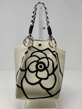 Elegant Cream and Black Floral Knit Small Tote Bag with Woven Handles- NEW